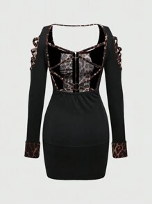 ROMWE Grunge Punk Vestido ceñido con cremallera frontal, estampado de leopardo y diseño reticular en la espalda para mujer de talla grande - Negro - Ver 2