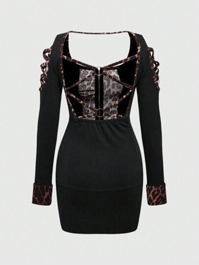 Grunge Punk Plus Size Women Sexy Criss-Cross Back Hollow Leopard Print Patchwork Zip Front Bodycon Dress