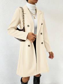 SHEIN PETITE Women's Solid Color Notched Collar Long Sleeve Double-Breasted Casual Overcoat, Autumn/Winter