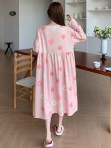 DAZY Teddy Bear & Floral All-Over Print Letter Decor Loose Nightgown Pajama - Pink - View 2