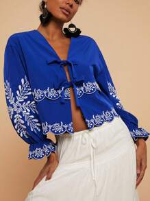 Travachic Vacation Blue Embroidered Long Sleeve Shirt,Tie Up Long Sleeve Shirt - Blue - View 5