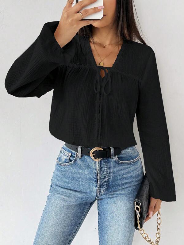 EMERY ROSE Women Casual Solid Color Tie Front Shirt, Autumn Fall Cloth For Women