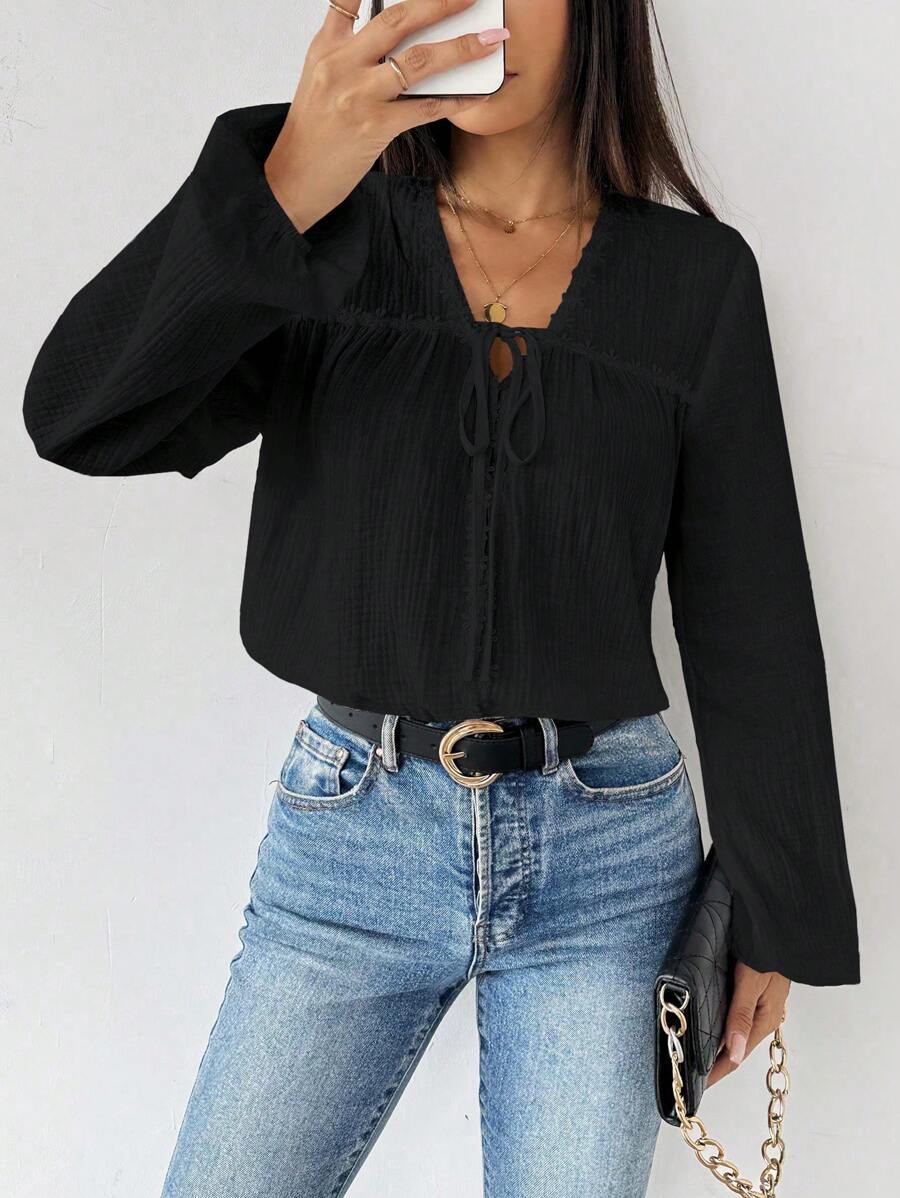 EMERY ROSE Áo sơ mi buộc dây phía trước màu trơn thường ngày cho nữ, mùa thu - màu đen - Xem 1