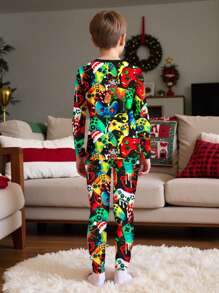 SHEIN Leap Crew Tween Boy Casual Cartoon Game Print Snug Fit Long Sleeve Crew Neck Thermal Lined Loungewear Set, Suitable For Autumn/Winter - Multicolor - View 2