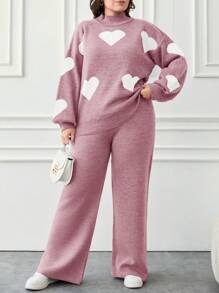 EURMUSE 2pcs/Set Casual Heart Pattern High Neck Sweater - Rusty Rose - View 1