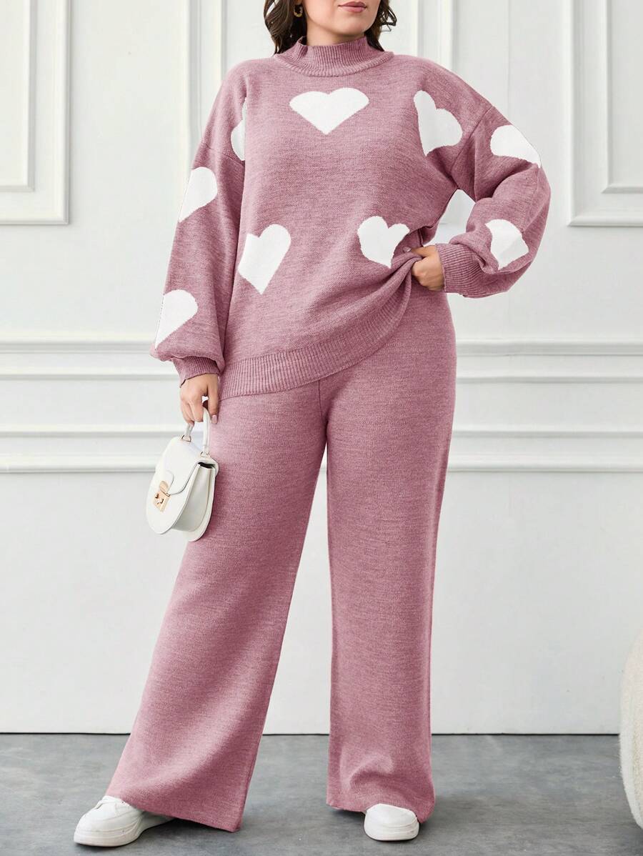 EURMUSE 2pcs/Set Casual Heart Pattern High Neck Sweater - Rusty Rose - View 1