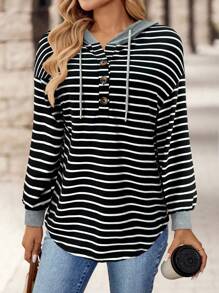 EMERY ROSE 女式连帽衫，带抽绳和纽扣，长袖，简单纯色，宽松休闲时尚运动衫，适合日常穿着 - 黑與白 - 查看 1