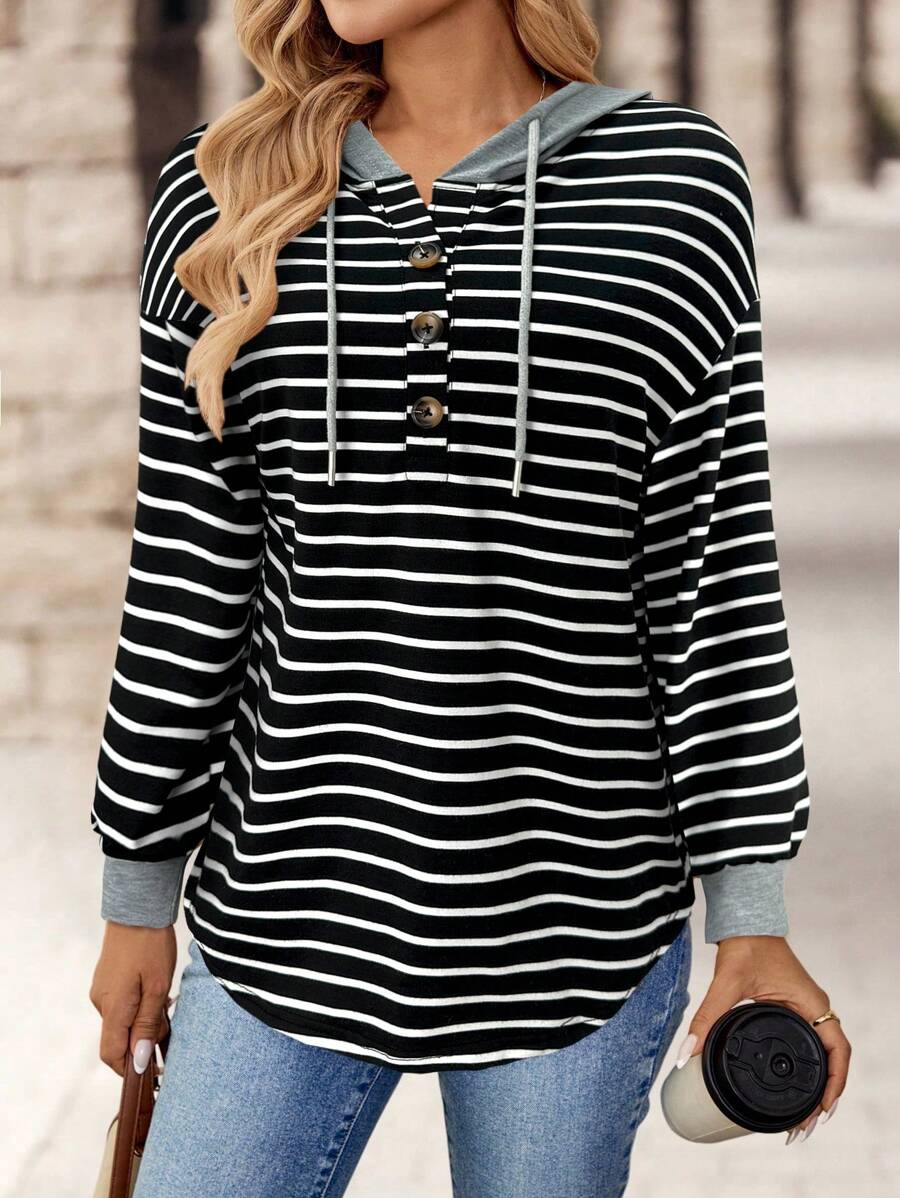 EMERY ROSE 女式连帽衫，带抽绳和纽扣，长袖，简单纯色，宽松休闲时尚运动衫，适合日常穿着 - 黑與白 - 查看 1