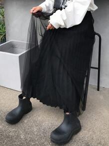 FRIFUL Jupe plissée élégante et ample à ligne A en maille noire avec contraste - Noir - Voir 5