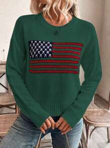 SHEIN LUNE 女式休闲落肩圆领美国国旗图案长袖针织毛衣，秋冬