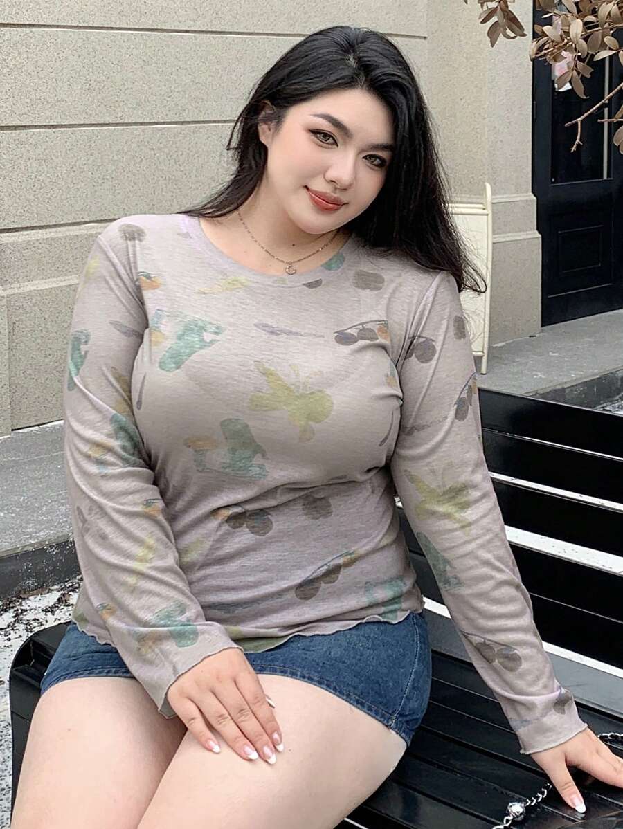 Dazy Plus All-Over Fruit Print Fitted Base Layer T-Shirt, Spring/Summer Sheer Long Sleeve Women Tops - Beige - View 1