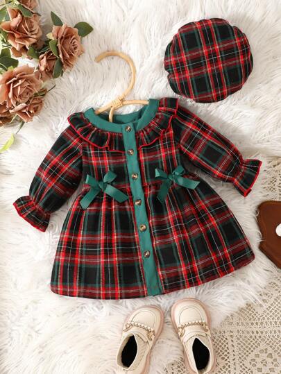 SHEIN Elladie kids 圣诞女婴拼色格子图案荷叶边下摆蝴蝶结装饰连衣裙套装（带帽子）