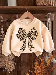 SHEIN Leap Crew Baby Girl Leopard Bow Print Soft Knit Round Neck Loose Fit Thick Sweatshirt, Suitable For Autumn/Winter - Apricot - View 1