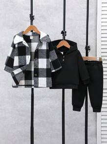 SHEIN Infant Girl Classic Plaid Jacket And Hoodie Sweat Pants, Comfortable For Autumn/Winter
