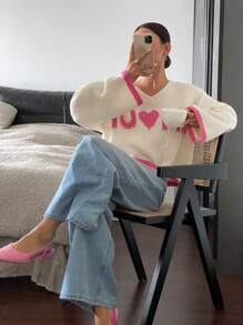 SHEIN Frenchy Women's Colorblock Letter Graphic Casual Blouse, Simplistic Design For Everyday Wear Winter Thanks Giving - Apricot - View 4