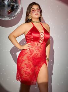 Set lencero 2 piezas, Sujetador sin aros con encaje contrastante + Tanga, Talla grande para San Valentín - Rojo - Ver 3