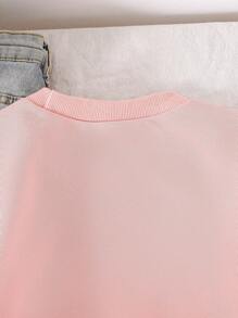 SHEIN Girls' Minimalist Cute Floral & Letter Print Round Neck Ribbed Long Sleeve Sweatshirt