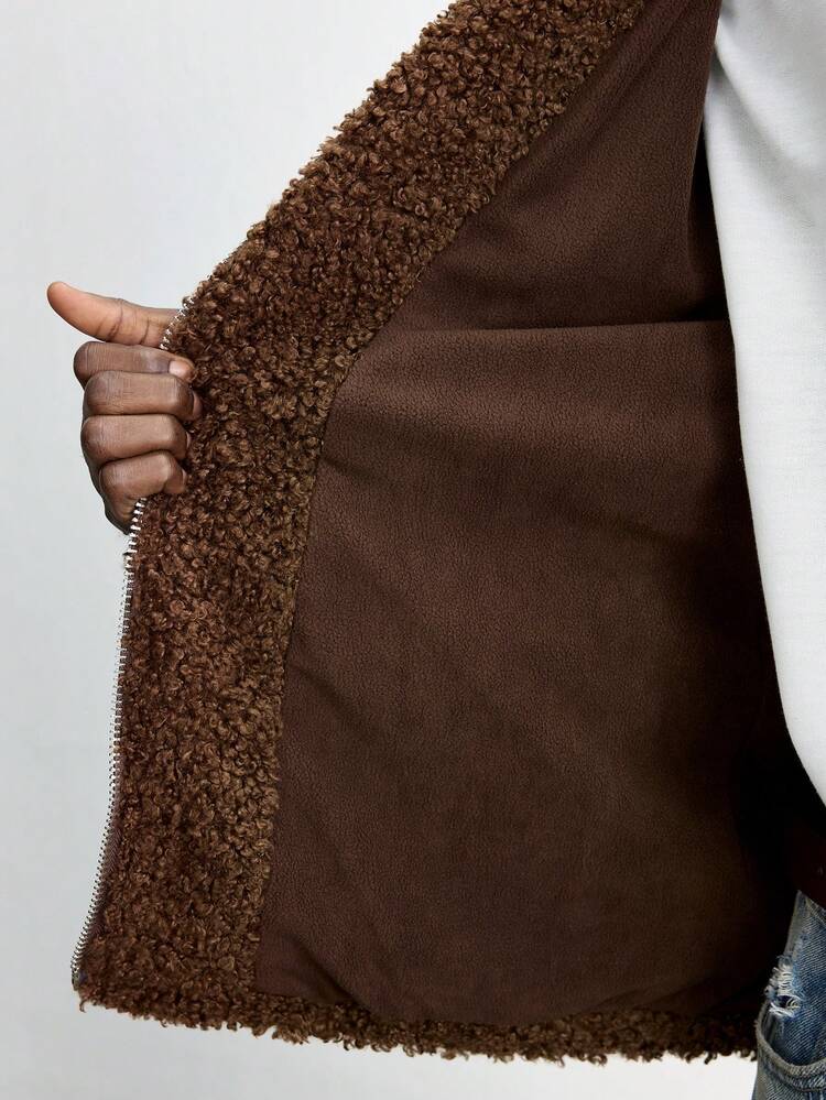 SHEIN Maija Men's 2025 New Brown Thermal Lined Loose Lapel Hooded Jacket, Simple Fashionable Casual Suitable For Daily, New Year, Holiday Party, Christmas, Work Commute