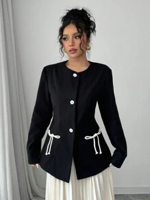 Elenzga Áo khoác nữ trang trí nơ màu tương phản đen trắng thanh lịch - màu đen - Xem 3