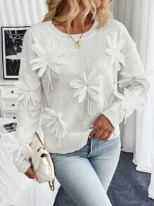 Chiquease 女士纯色落肩长袖3D立体花卉贴花套头毛衣，秋冬针织套头衫