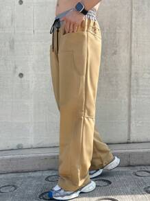Manfinity Homme Quần ống đứng cạp chun vá lưng đôi mới cho nam, quần dài màu kaki có dây rút, dành cho chồng, quà tặng bạn trai - Màu Khaki - Xem 4