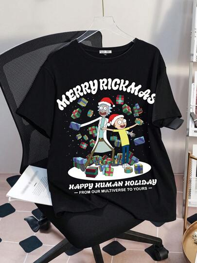 Rick and Morty X SHEIN Plus Size Summer Cartoon Christmas Letter & Figure Print Round Neck Short Sleeve T-Shirt