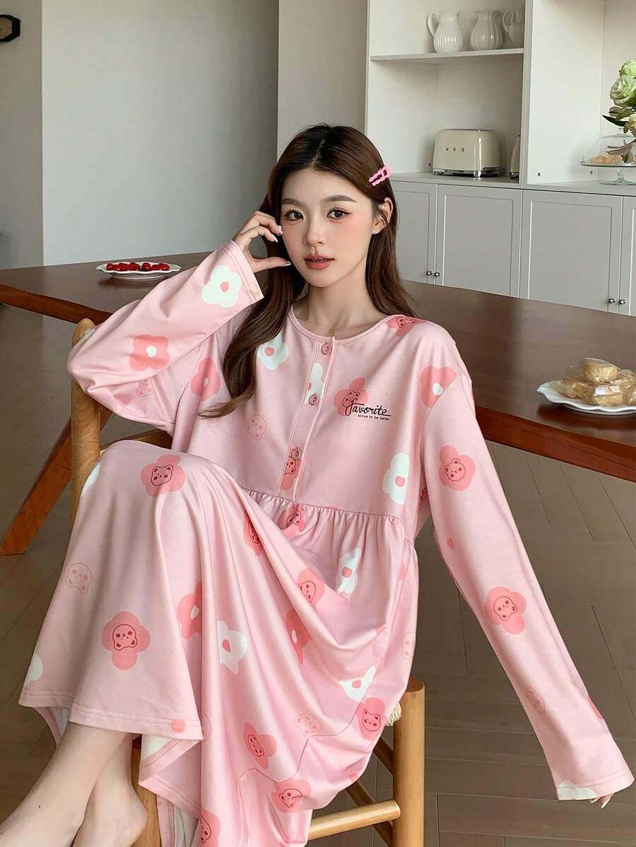 DAZY Teddy Bear & Floral All-Over Print Letter Decor Loose Nightgown Pajama - Pink - View 1