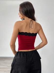 SHEIN EZwear Summer Going Out Contrast Pink Lace Trim Ruched Side Bow Front Tube Top