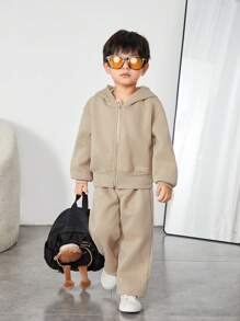 SHEIN Little Byeori 2 Pieces Young Boys Outfits,Winter,Career Day,Back-To-School Thick Cardigan Sweater Coat And Pants Suit,Soft Leisure College Fashion School Boy Set - Khaki - View 3