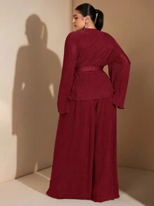 SHEIN BAE Plus Size Women Elegant Going Out Outfits For Daily Dates, Parties, Gatherings - Fitted Long Sleeve Shirt, High Waisted Wrap Pants, Fall Autumn Ensemble - Burgundy - View 2