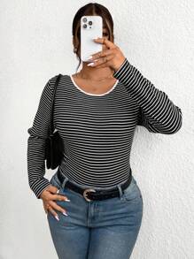 Calvaya Plus Size Elastic Dual Colored Stripe Spliced Design Bodysuit, Slim Fit Versatile Long Sleeve Backless Bodysuit