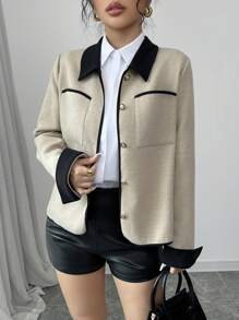 Chiquease Áo khoác ngắn Colorblock có nút kim loại, phù hợp với người nhỏ nhắn, mùa thu/đông - Màu Khaki - Xem 4