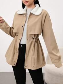 Mulvari 女式休闲双色毛领抽绳腰部羊毛风衣，秋冬 - 咖啡棕 - 查看 4