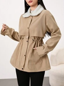 Mulvari 女式休闲双色毛领抽绳腰部羊毛风衣，秋冬 - 咖啡棕 - 查看 1