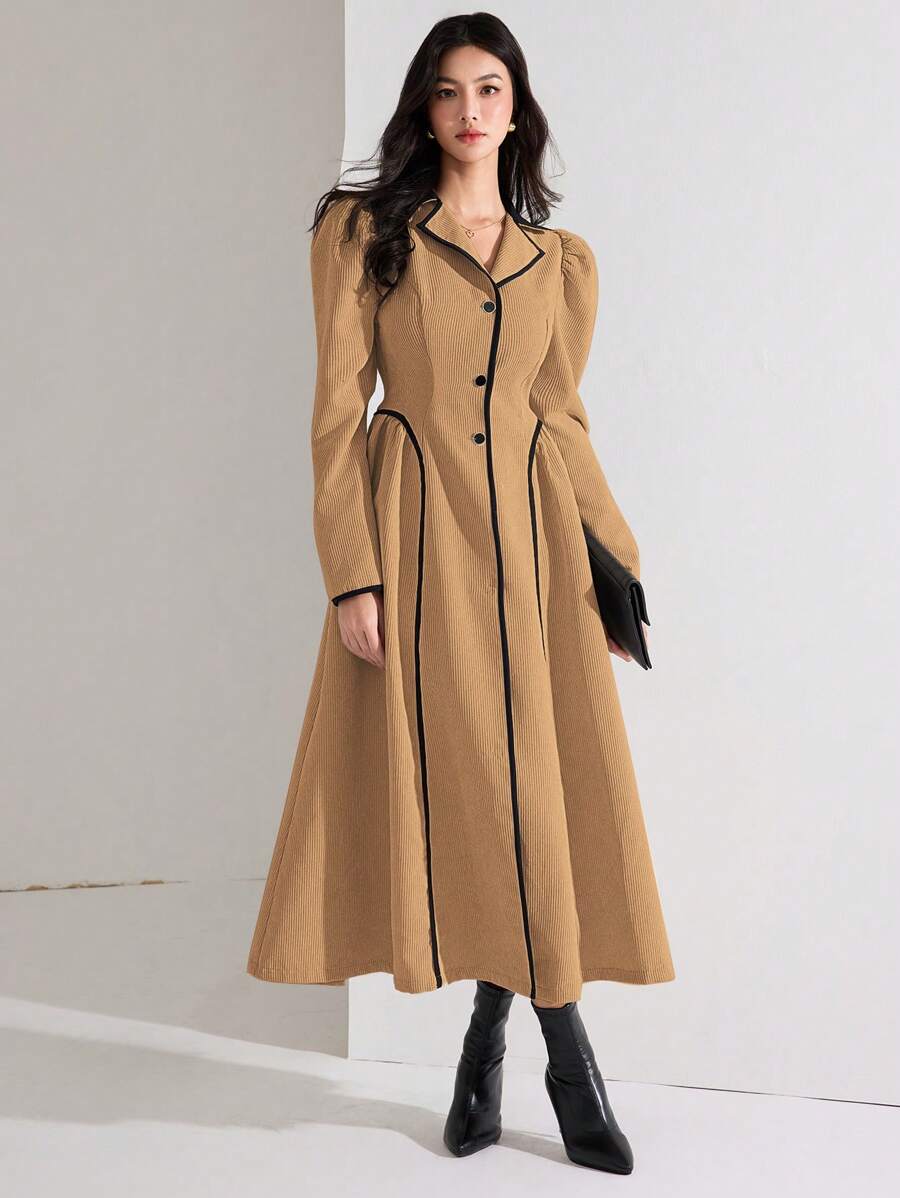 Heiryn Women's Single Breasted Bubble Sleeve Elegant Long Dress For Autumn - Brown - View 1