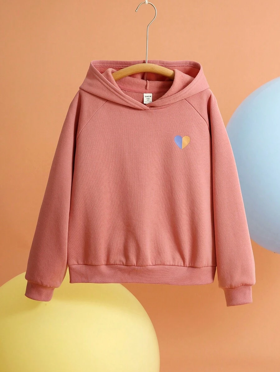 SHEIN Tween Girl Casual Heart Print Loose Fit Thermal Lined Long Sleeve Sweatshirt, Orange, Autumn/Winter - Pink - View 1