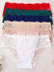 6pcs/Pack Solid Color Lace Patchwork Briefs, Romantic Valentine's Day - Multicolor - View 4