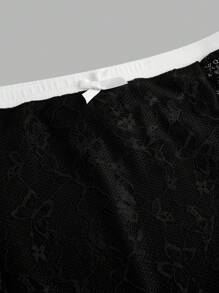 SHEIN ICON Trang phục Halloween gợi cảm Trang phục y tá Trang phục hầu gái cho nữ Áo lưới dài tay phối ren tương phản và váy midi đen cạp thấp - trắng - Xem 3