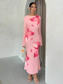 Glamine Váy dài tay họa tiết hoa cho nữ, trang phục Maxi thu đông cho nữ - Hồng - Xem 3