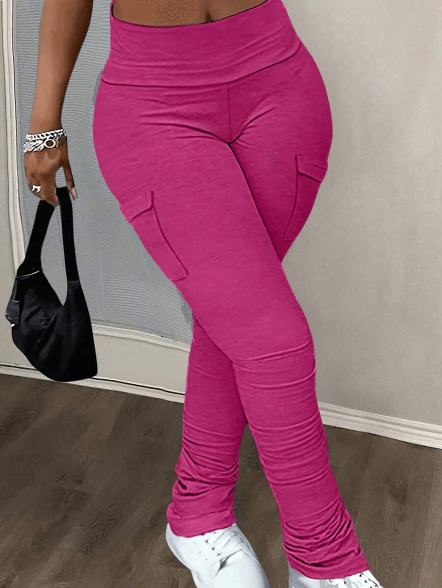 Slaydiva Quần bó dệt kim màu trơn có túi hộp cỡ lớn cho nữ - Màu Hồng Tươi - Xem 1