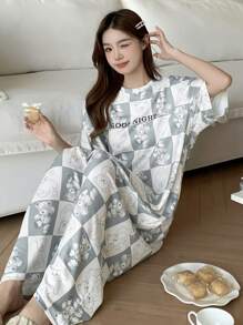 DAZY All-Over Letter Print & Adorable Cartoon Bear Pattern Loose Fit Jumpsuit Pajama - Blue - View 7