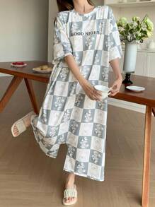 DAZY All-Over Letter Print & Adorable Cartoon Bear Pattern Loose Fit Jumpsuit Pajama - Blue - View 8