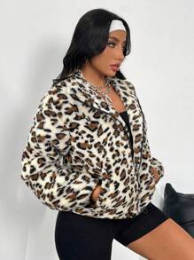 SHEIN SXY 秋冬季保暖豹纹羊毛夹克 - 卡其色 - 查看 6