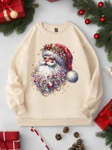 SHEIN EZwear 圣诞圣诞老人图案印花圆领女式运动衫，秋冬季休闲款 - 米色 - 查看 1