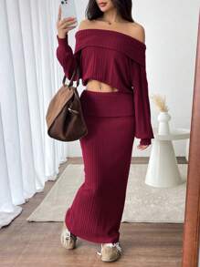 INAWLY 2件套休闲女式纯色露肩长袖上衣和裙子套装 - 酒紅色 - 查看 4