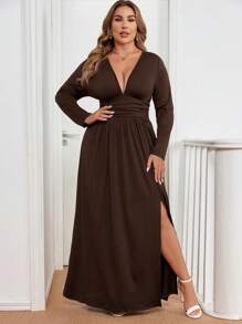 Gownix 黑色长袖长针织连衣裙，柔软舒适的大码女士连衣裙，优雅百搭，适合秋冬季 - 棕色 - 查看 3