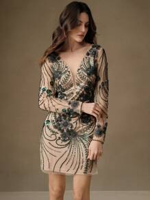 Anewsta Women Short Embroidery & Sequin Decor Long Sleeve Dress - Dark Green - View 8