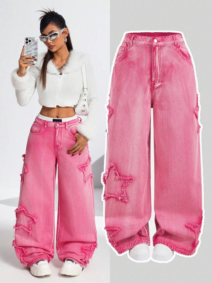 SHEIN PETITE Denim Retos de Ajuste Relaxado para Mulheres, Algodão ...