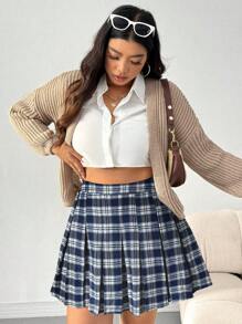 SHEIN EZwear Plus Size Retro Plaid Pleated A-Line Skirt - Multicolor - View 6