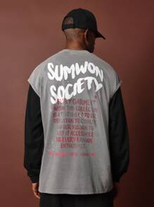 SUMWON 超大号针织背心，带有醒目的图形印花文字，社会街头服饰，篮球无袖肌肉 T 恤，健身节，城市设计